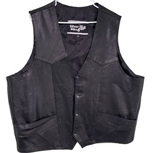 Silver Bike Black Leather Vest with Pockets Size 4XL